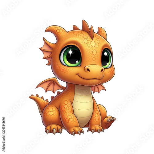 Cute cartoon dragon, orange fantasy creature, smiling mythical beast, children's illustration