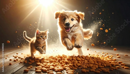 Happy Golden Retriever Puppy and Ginger Kitten Jumping Over Dry Pet Food Pellets with Dramatic Sun Flare Lighting