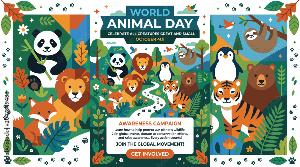 Naklejka premium World Animal Day Animal Protection and Wildlife Conservation Vector Illustration Collection