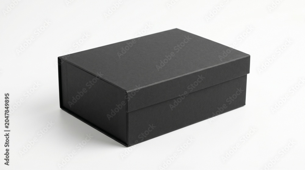Naklejka premium A black rectangular box with a lid is sitting on a white surface indoors.