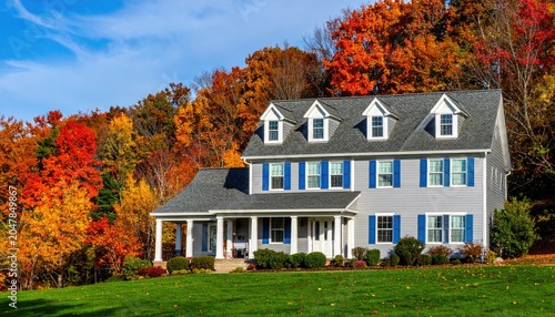 Modern Two Story Suburban Family Home with Blue Shutters and White Porch Surrounded by Colorful Autumn Foliage and Fall Trees