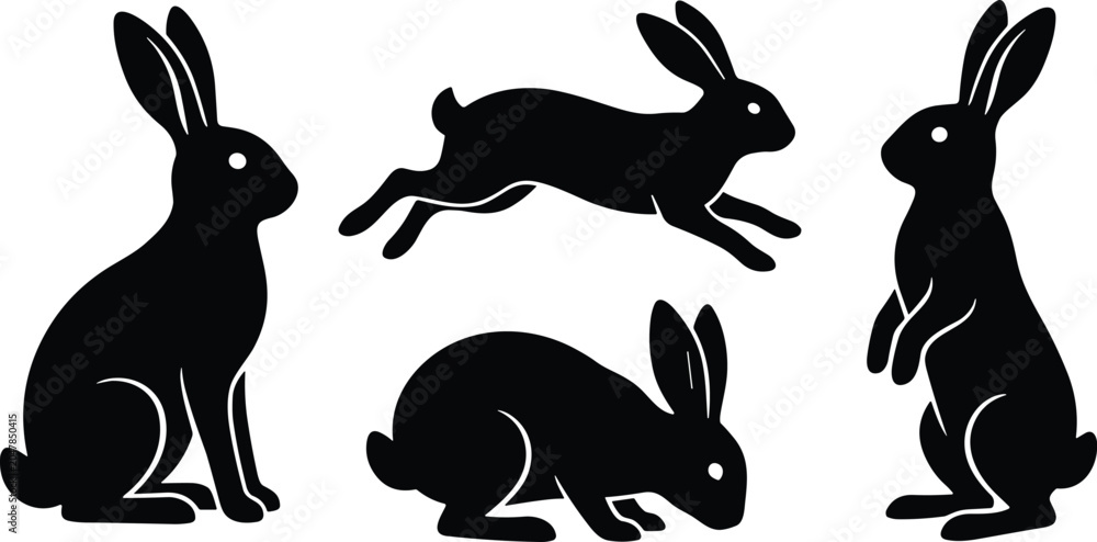 Obraz premium Rabbit silhouette vector illustration set featuring running sitting standing and resting cute bunnies isolated on white background