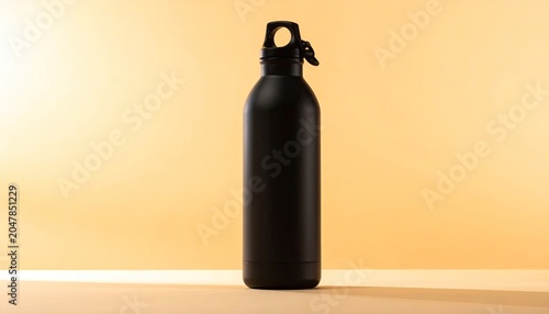 Matte Black Reusable Metal Water Bottle Mockup on Beige Background, Eco-Friendly Stainless Steel Vacuum Flask for Fitness and Travel