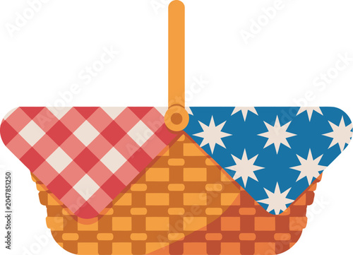 Picnic basket with red gingham and blue star pattern cloth