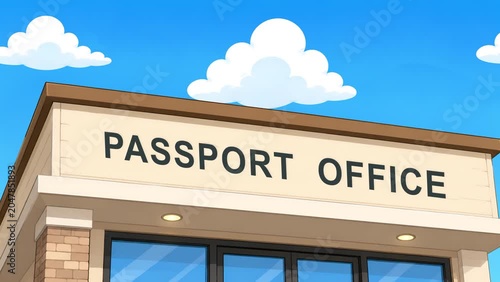 Cartoon Animation of a Passport Office Building Exterior with Blue Sky and Clouds