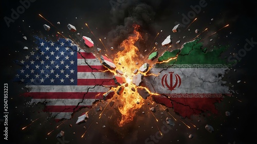 Usa and iran conflict explosive collision of national flags