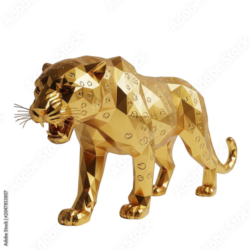 Golden polygonal tiger sculpture, 3D geometric animal figurine, shiny metal decorative piece, luxury home decor