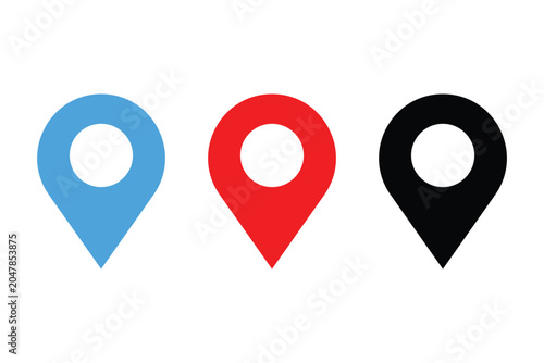 Canvas Print Three distinct location pin presented in a row on a white background featuring a