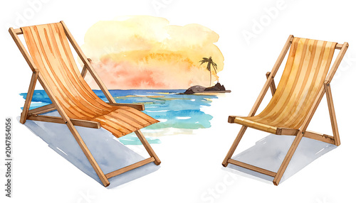 Two empty wooden beach chairs overlooking the ocean with a tropical island and sunset sky, watercolor illustration, vacation mood