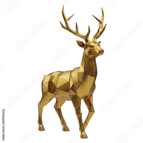 Golden deer statue, polygonal sculpture, metallic animal figurine, 3D art