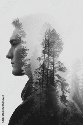 A captivating Double Exposure Portrait featuring a beautiful Nature Overlay, showcasing artistic creativity