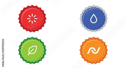 Bottle caps with icons on a white background