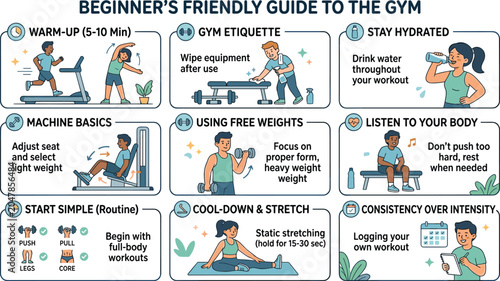 Konstfotografi Beginner fitness and gym guide infographic vector chart detailing workout routines, training safety, etiquette, and consistency habits for commercial health center marketing