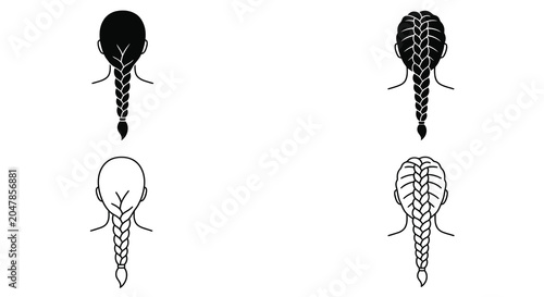 Obraz na płótnie Braided Hairstyle Silhouettes Black And White Vector Illustration