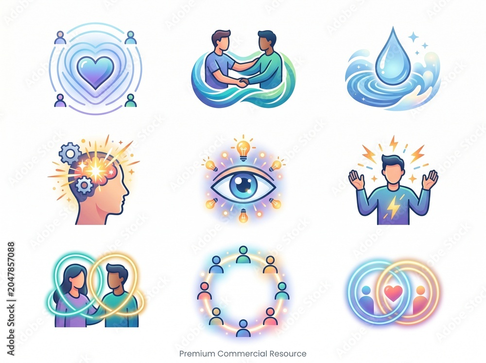 Fototapeta premium Collection of nine abstract icons representing human connection, mental well-being, community, and personal growth concepts.