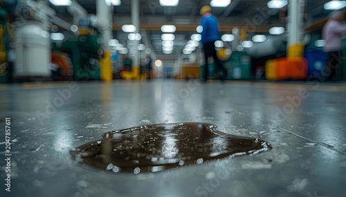 A close-up of a dark machine oil spill on an industrial factory floor with workers blurred in the background. Concepts of workplace safety, industrial maintenance, hazard prevention.