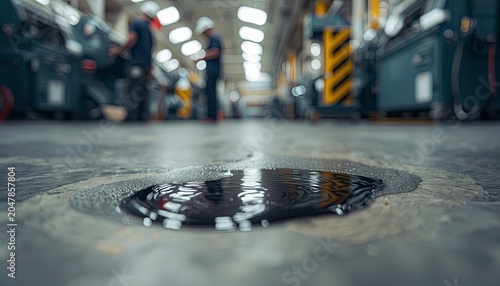 A close-up of a dark machine oil spill on an industrial factory floor with workers blurred in the background. Concepts of workplace safety, industrial maintenance, hazard prevention.
