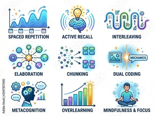 Infographic illustrating nine effective learning strategies and cognitive techniques for improved study and memory retention and enhanced mental focus.