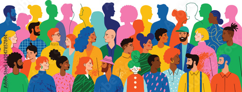 Banner with colourful crowd. Background with abstract men and women of different nationalities. Silhouettes of group of diverse people profiles. Modern multiethnic society. Flat vector illustration