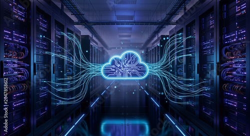 Glowing circuit cloud connected with wavy fiber optic lines in dark server room for data stream concept