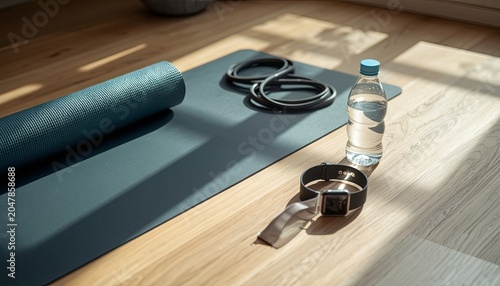A home fitness area featuring a yoga mat, resistance bands, smartwatch, and water bottle in natural sunlight. Concepts of healthy living, home workouts, wellness routines, and modern fitness tracking.