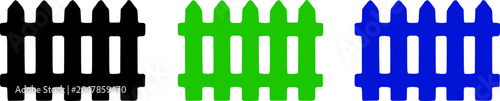 Cuadro en lienzo Colorful illustration of three picket fences in black, green, and blue on a white background, symbolizing different styles or themes