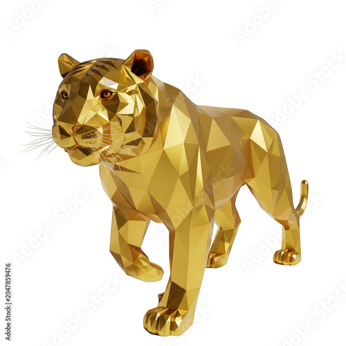 Golden tiger, polygonal animal, 3D model, metallic texture