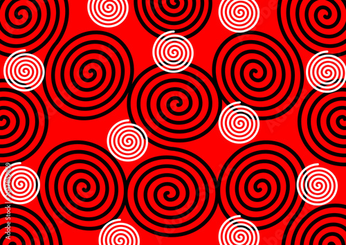 Abstract geometric background with black and white overlapping spiral circles and concentric swirls on vibrant red background