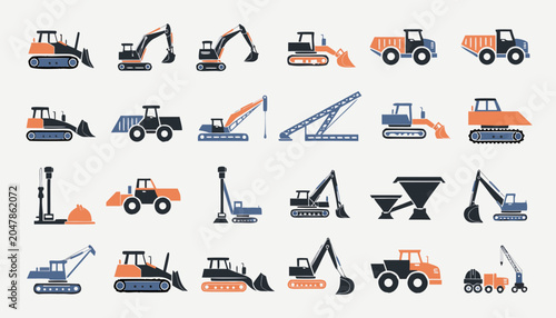 Bild auf Leinwand Collection of construction vehicles and heavy machinery flat icons in a grid pat