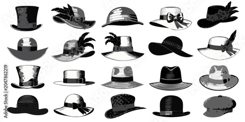 Fotografía Collection of vintage hats with diverse styles and decorative elements on a whit