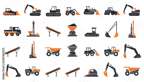 Photography Construction vehicles and equipment collection in flat design style during dayti
