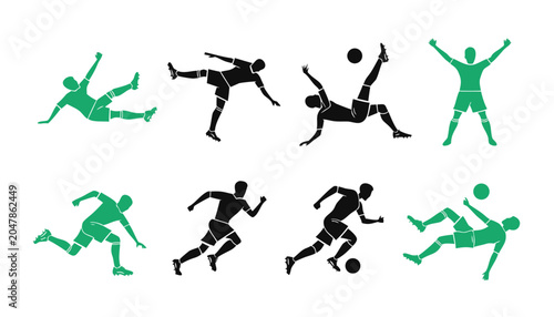 Fényképezés Soccer player silhouettes in dynamic action poses against a white background for