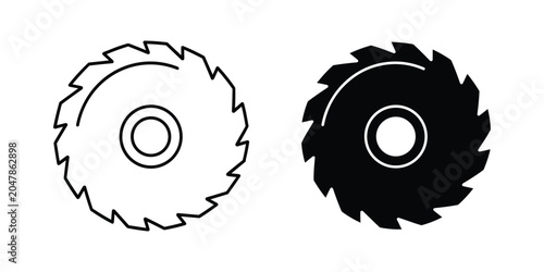 Circular Saw Blade with Sharp Teeth in Clean Outline and Solid Black Versions for Construction Concepts
