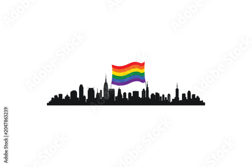 A cityscape skyline with a large pride flag waving over the buildings. Vector silhouette, architectural style, black color on a white background. Epic and hopeful mood, panoramic view.