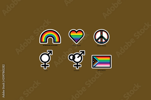 Pride month vector silhouettes, sticker sheet of various pride symbols like the rainbow, heart, peace sign, and gender symbols, black color, clean and modern design.