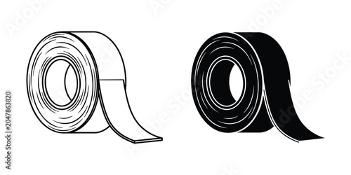 Rolls of tape in outline and solid black illustration on white background for design
