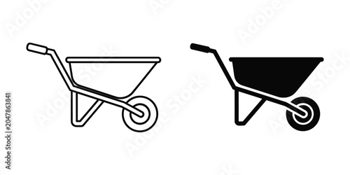 Simple outline and solid silhouette of a wheelbarrow on a white background