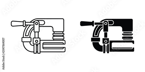 Two G-clamp illustrations in black and white on a plain background representing fastening and repair