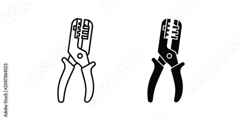 Wire stripper tool in outline and filled black versions on white background for design
