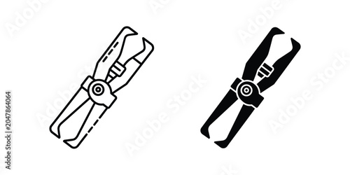 Wire terminal crimping tool in line art and solid silhouette on white background for design