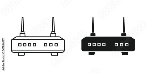 Wireless router in line art and solid silhouette on white background for technology concepts