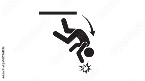 Falling person pictogram, black stick figure tumbling from height, industrial safety warning icon for workplace accident prevention
