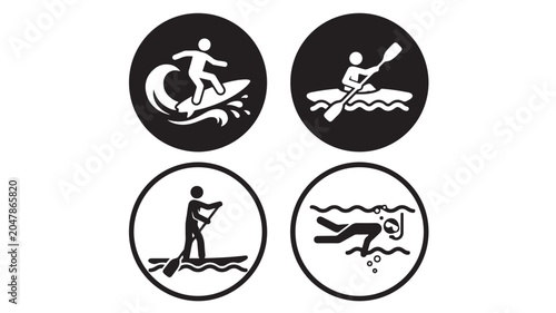 Minimalist water sports icon set, black and white surfing and kayaking symbols, 4 circular vector pictograms for paddleboarding and snorkeling