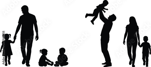 Photos Set of family silhouettes walking throwing baby up and children sitting down iso