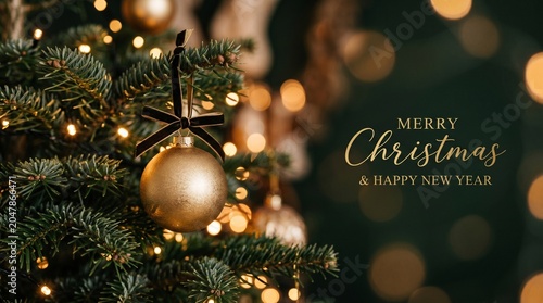 Gold Ornament on Christmas Tree Branch with Warm Bokeh
