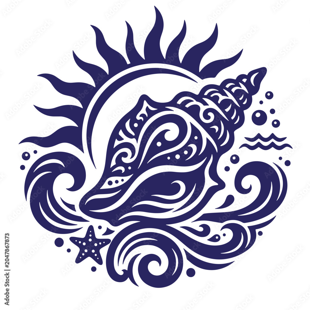 Fototapeta premium Ornate sea shell with sun rays and ocean waves seashell starfish nautical vacation illustration decorative silhouette isolated background underwater tropical