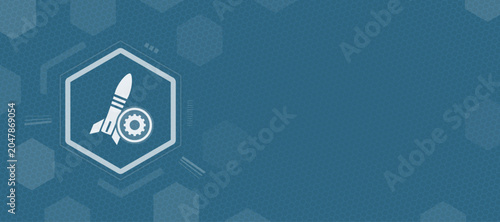 Photos This digital illustration features a rocket icon integrated with technical settings, providing ample copy space for custom text in a professional, modern blue-themed technology design