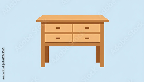 Wooden dresser with four drawers, simple furniture design on a light blue background, clean lines, storage solution illustration