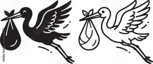 Stork carrying baby bundle vector icon set, newborn delivery bird silhouette, baby shower stork delivery illustration, maternity announcement bird with bag, flat vector stork clipart black and white, 