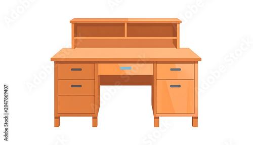Wooden student desk with hutch, drawers and shelves, front view, isolated on a white background